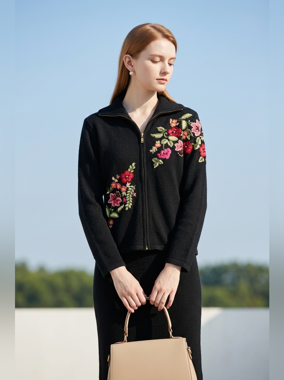 Vintage Tiara International Ramie Extended Collar Embroidered Floral Jacket